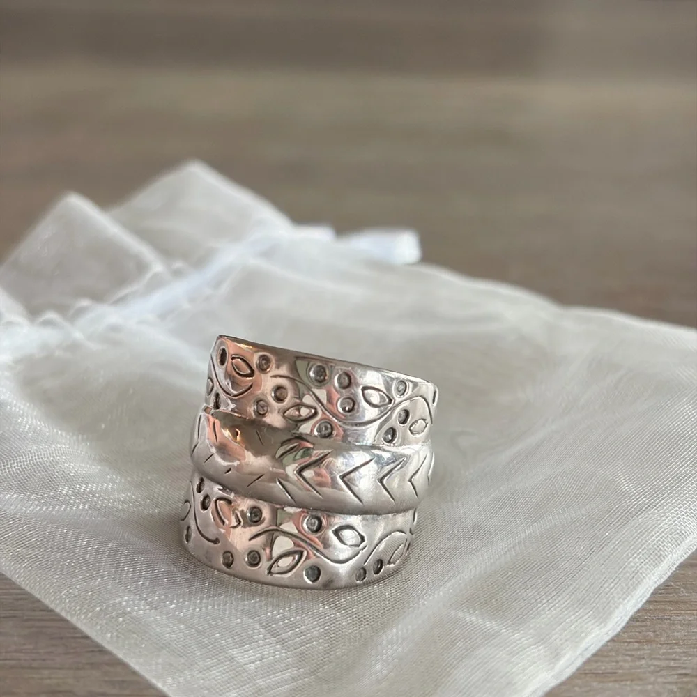 Sterling Silver 925 Wide Spinner Ring | Hand Engraved Boho Statement - Size 8 - Picture 6 of 6